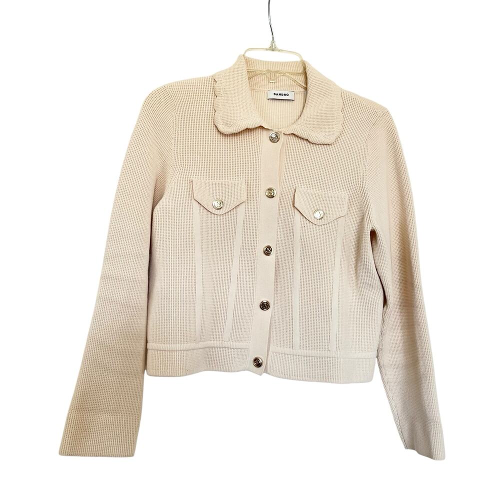 Sandro Paco Cream Waffle Knit Collared Button Front Cardigan Sweater Jacket - Picture 3 of 12